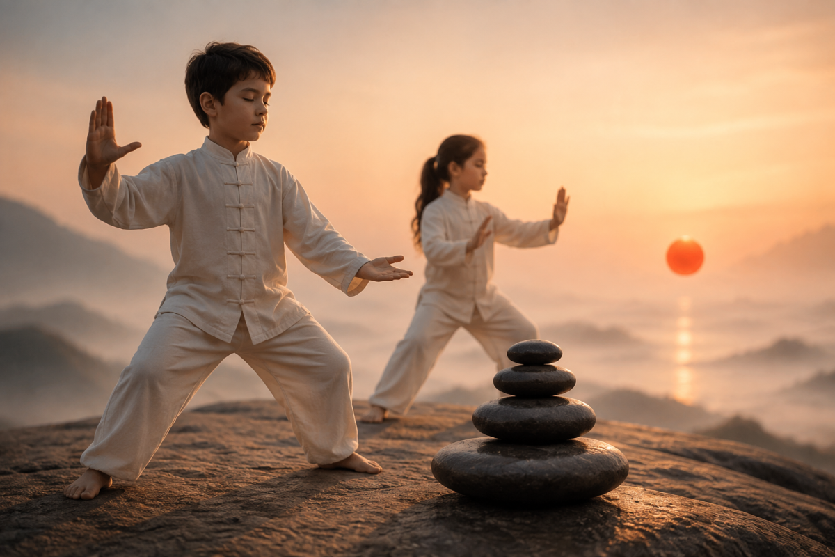 Dos niños practicando Tai Chi al amanecer en un entorno natural, representando el equilibrio, la concentración, la coordinación y los beneficios de esta disciplina para el desarrollo físico y emociona