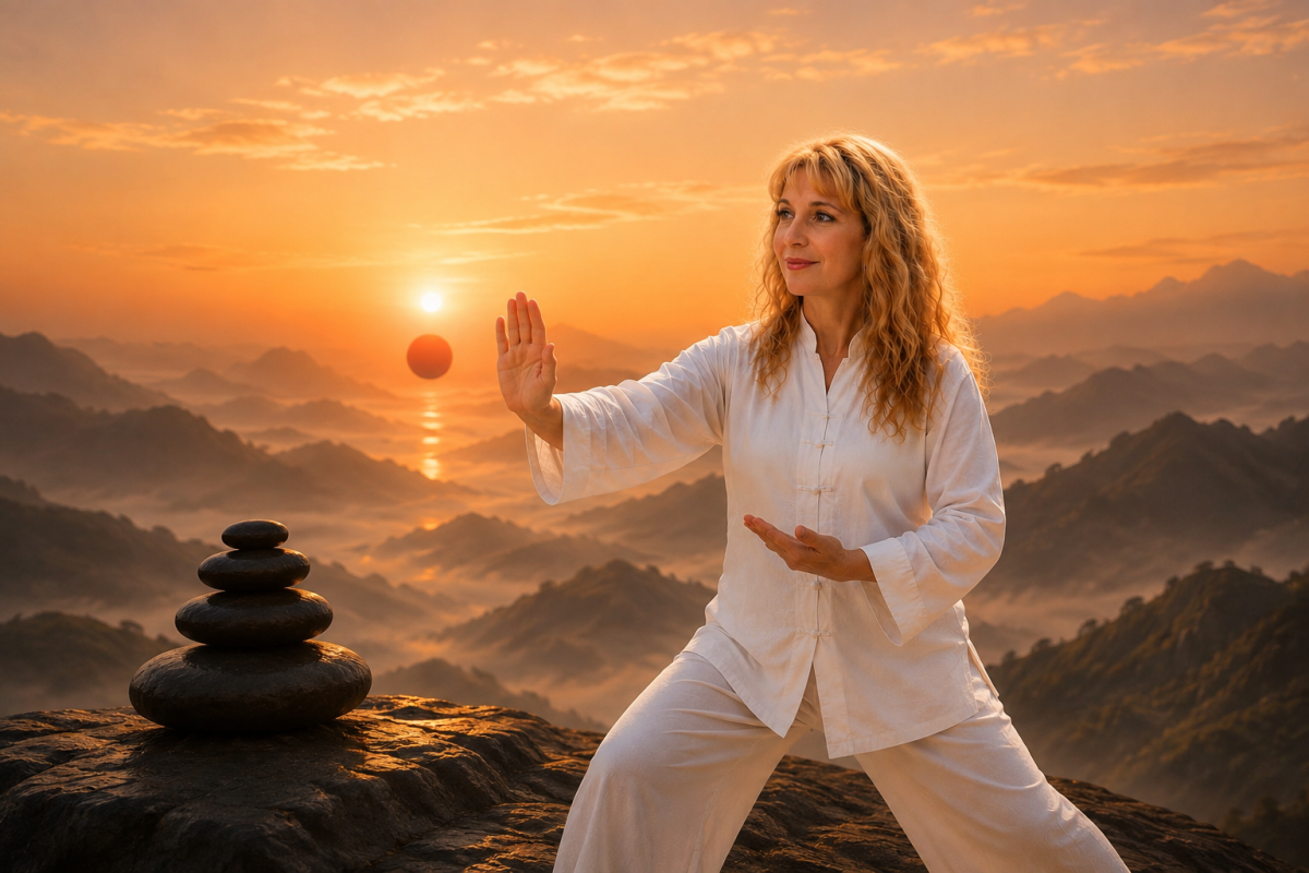 Myriam Cobos practicando Tai Chi al amanecer en un entorno natural, transmitiendo calma, equilibrio, conexión interior y armonía entre cuerpo, mente y espíritu.